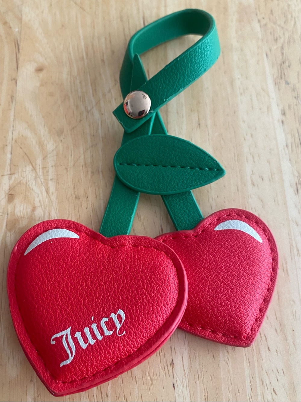 Juicy Couture Red Cherry Heart Bag Charm with Green Strap NWOT